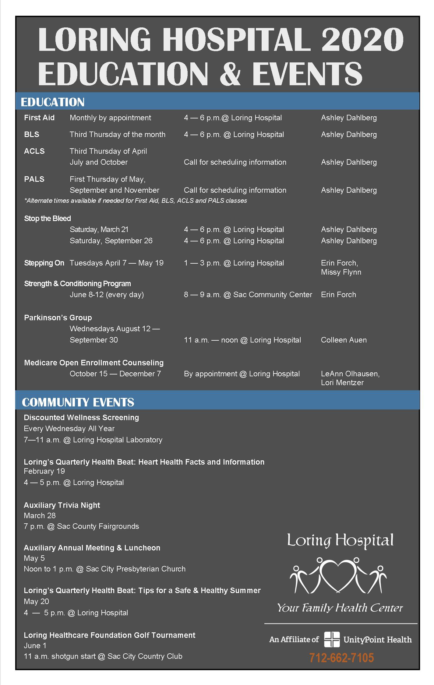 List of all community and education events for the 2020