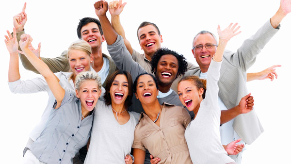 diverse image of a group of excited people 